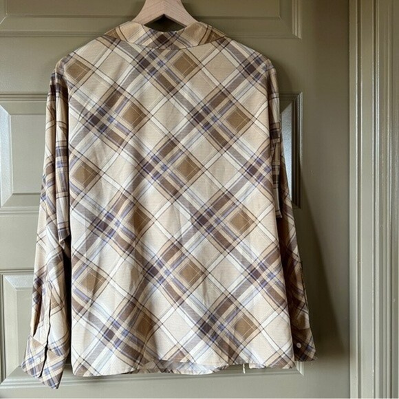 Lauren Ralph Lauren Tan Blue Plaid Wrap Plaid Blouse Womens 1X Long Sleeve - Picture 7 of 12